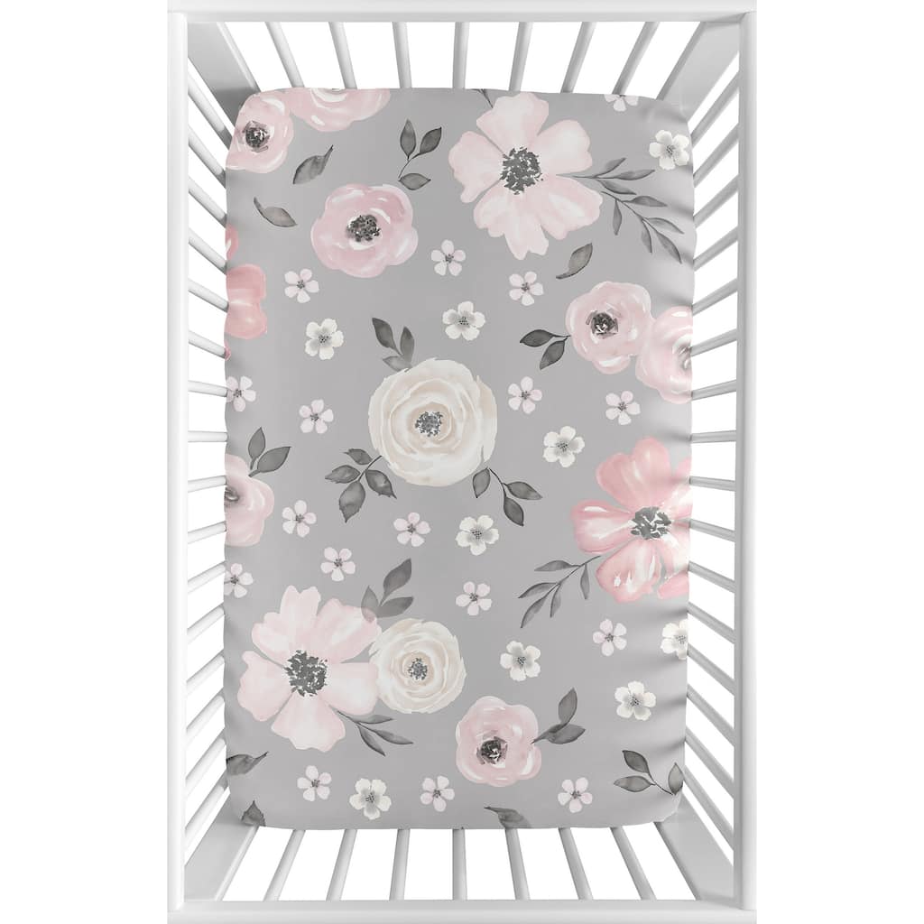 Grey Watercolor Floral Baby Girl Fitted Mini Portable Crib Sheet - Blush Pink Gray White Shabby Chic Rose Flower Farmhouse