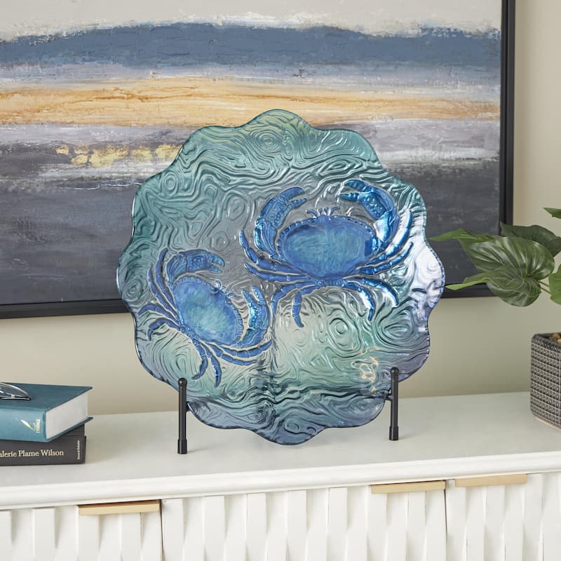 Glass Crab Ombre Decorative Plate Charger with Wavy Edge and Swirl Patterns - Blue - Roche River Decor