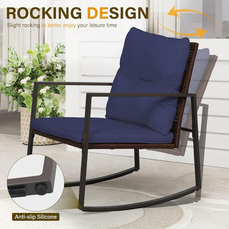 SUNCROWN 3-piece Outdoor Patio Brown/Black Wicker Rocking Chairs Conversation Bistro Set