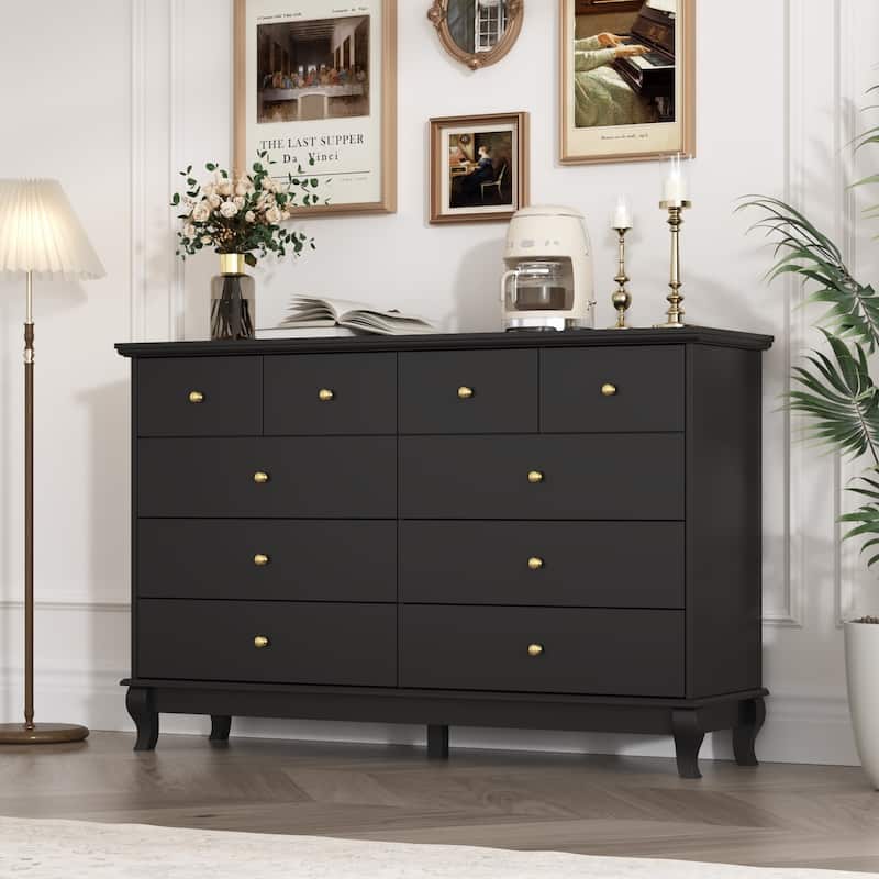 Black 8 Drawer Dresser with Solid Wood Legs, Modern Double Dresser Storage Cabinet for Bedroom, 55.1" Wide - Black