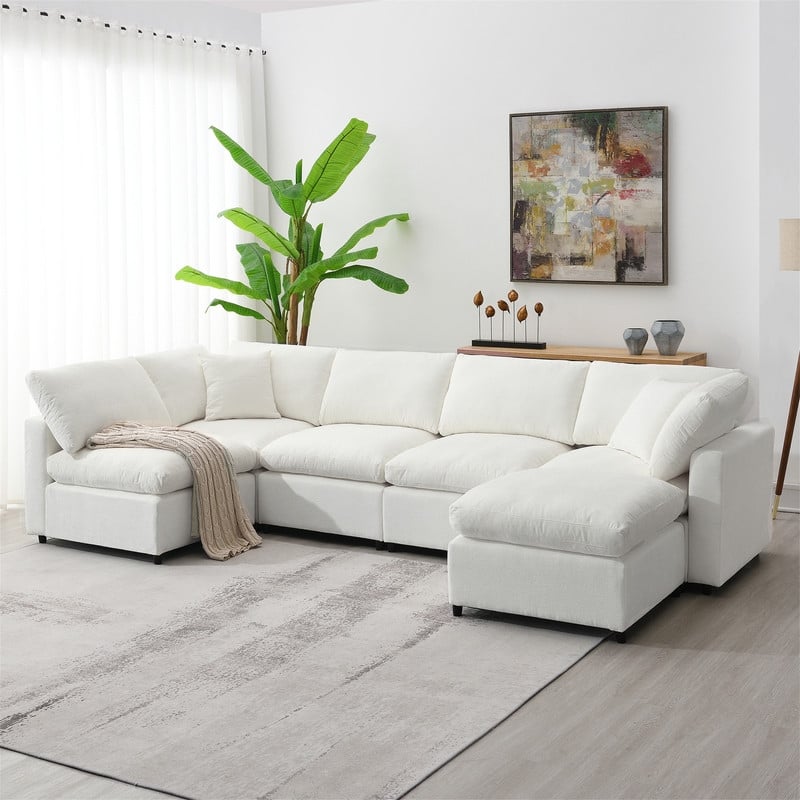 Modern Modular U-Shaped Sectional Sofa, Convertible Cloud Sleeper Sofa Bed, 6 Seat Chenille Sectional Couch Set with Ottoman
