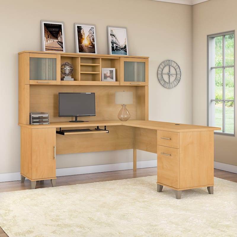 Bush Furniture Somerset 72W L Shaped Desk with Storage Hutch - Maple Cross