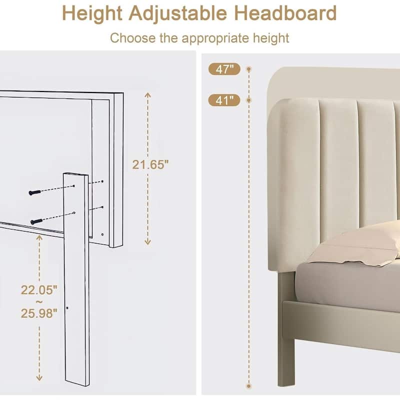 Javlergo Upholstered Adjustable Headboard Velvet Platform Bed Quiet Heavy-Duty Bed Frame No Box Spring Needed
