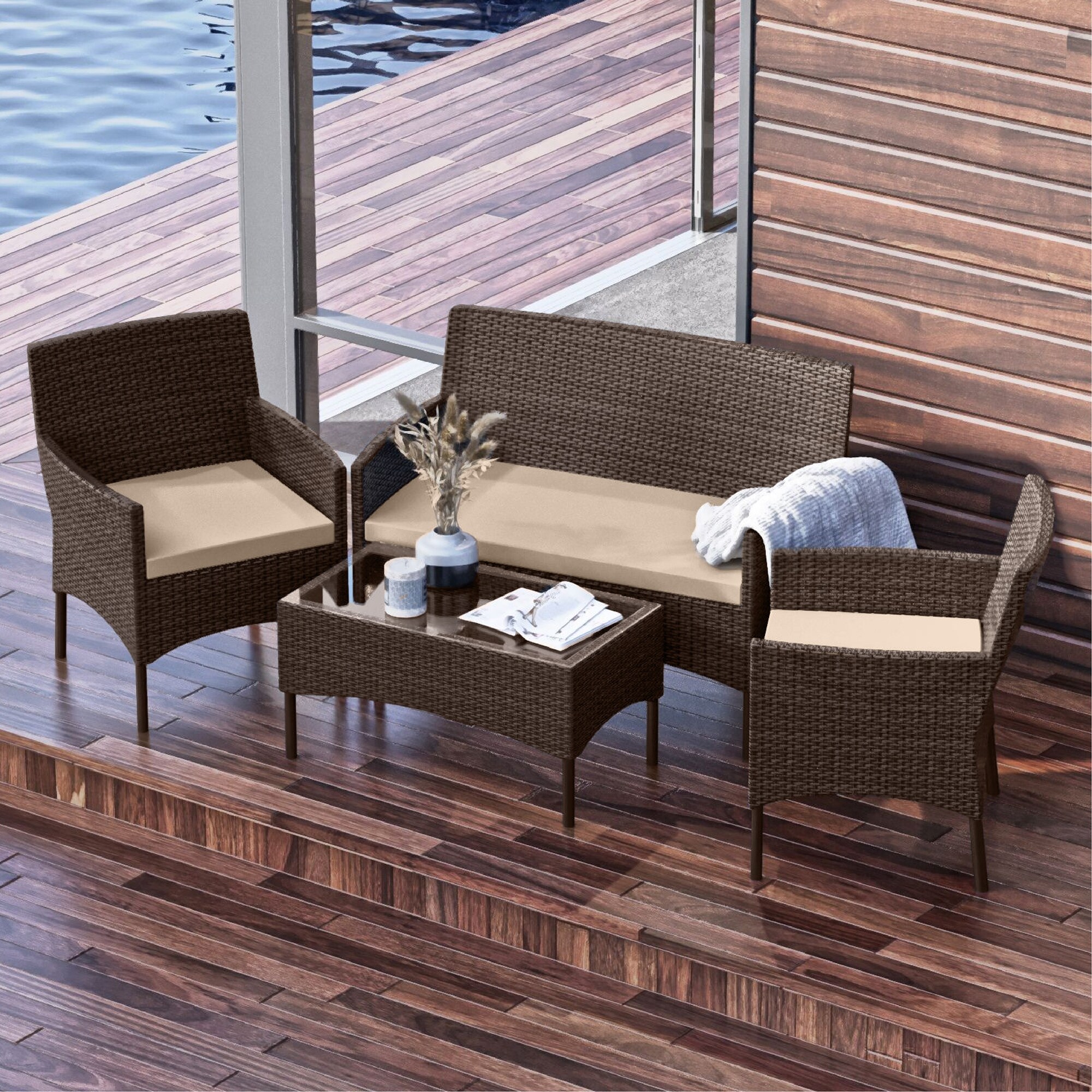 Wicker patio sets on clearance 4 piece outdoor conversation set with hotsell glass dining table