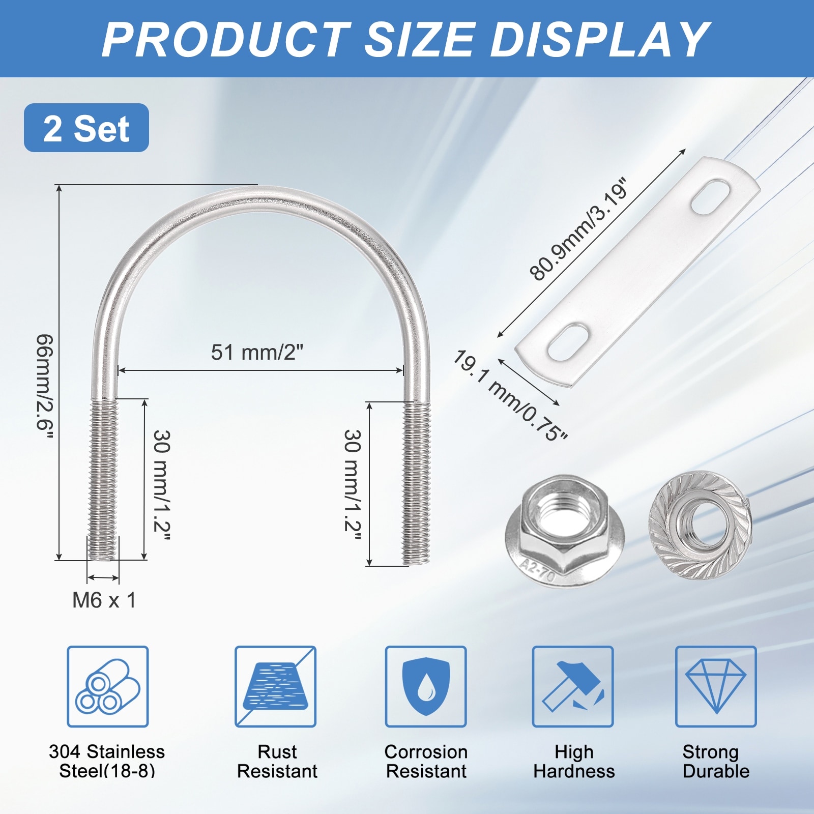 Round U Bolts, 304 Stainless Steel U-Bolts with Flange Hexagon Nuts, Frame Plates for Trailer, Automotive