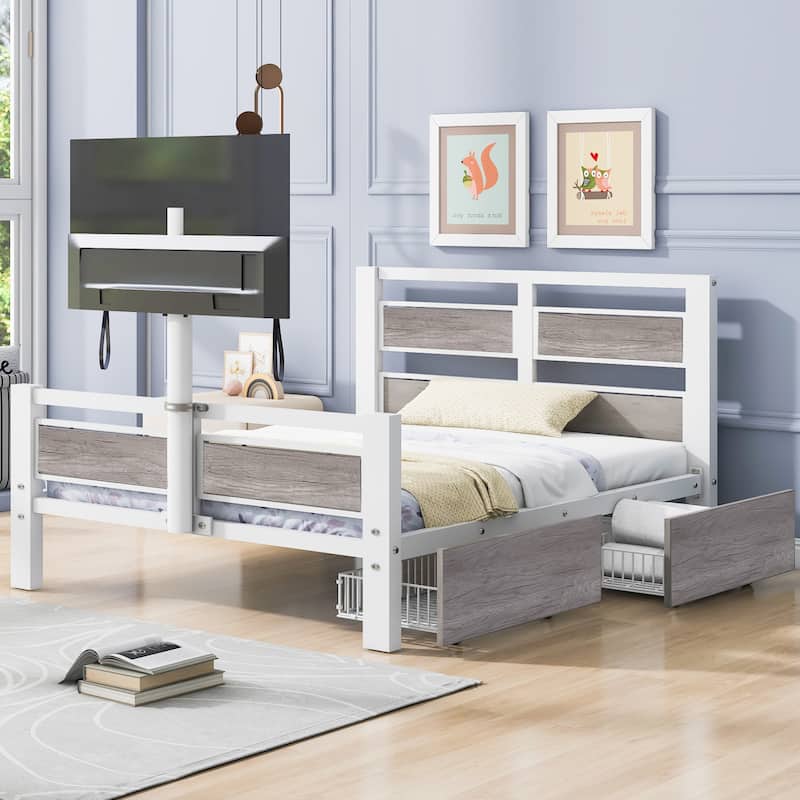 Twin Size Metal Platform Bed with MDF Headboard and Footboard, 2 Storage Drawers and Rotatable