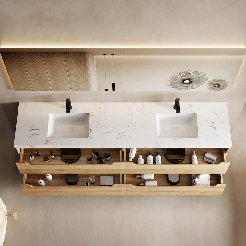 Prismis 60" 72" 84" Wall-Mount Premium Bathroom Vanity with Quartz Top