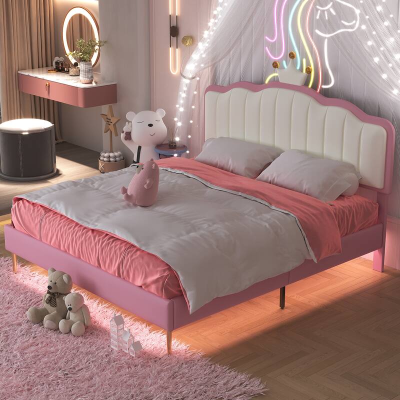Twin/Full Size Upholstered Kids Princess Bed with Crown Headboard, PU Leather Platform Bed Frame with Light Strips
