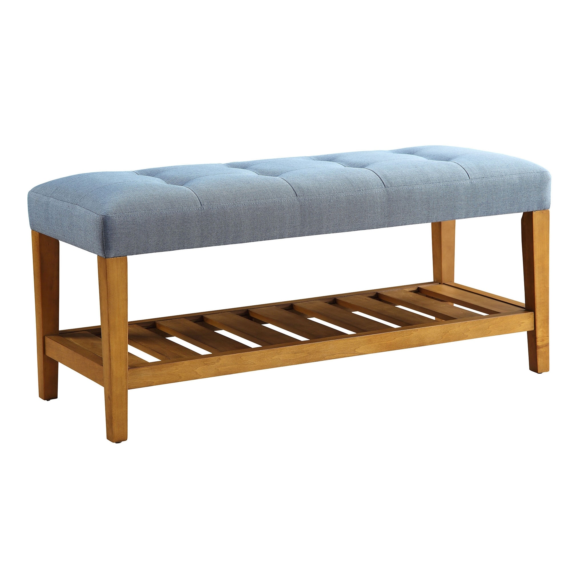 Tufted Padded Seat Bench In Light Blue And Oak Finish