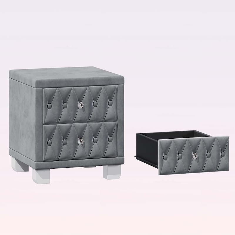 Nightstand with 2 Drawers,Crystal Handles,and Button-Tufted Design,for Bedroom Decor