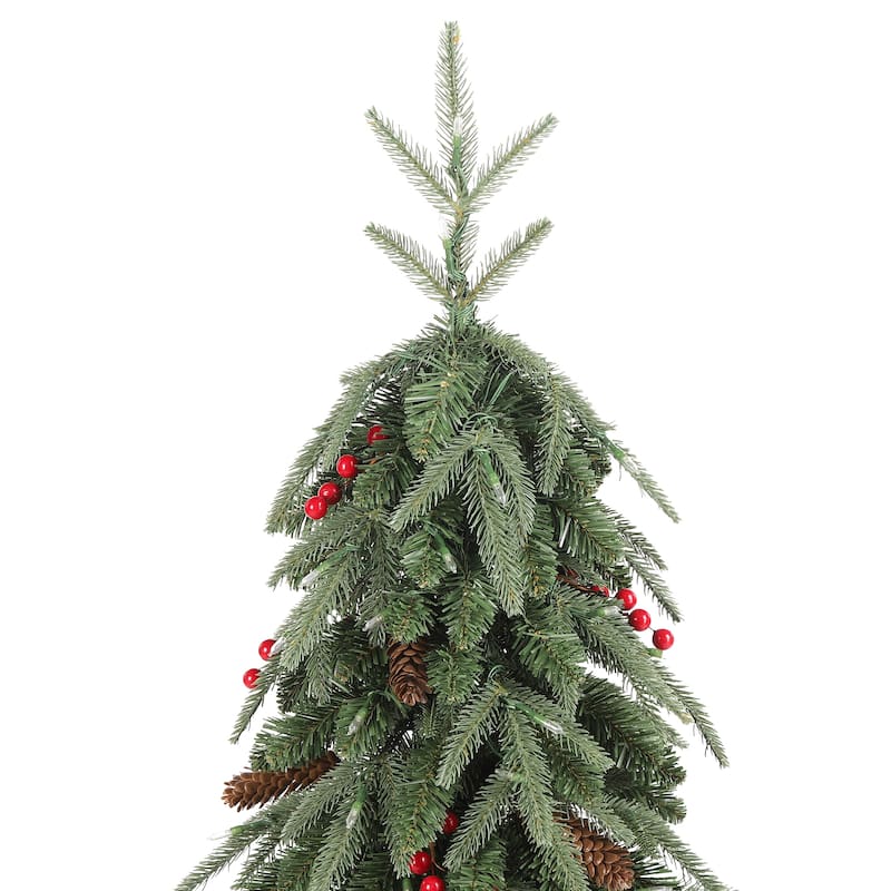 3 Piece 4ft&6ft&7ft Pre-lit Artificial Christmas Tree with Red Berries, Pinecones and LED Lights Porch Decor by Glitzhome