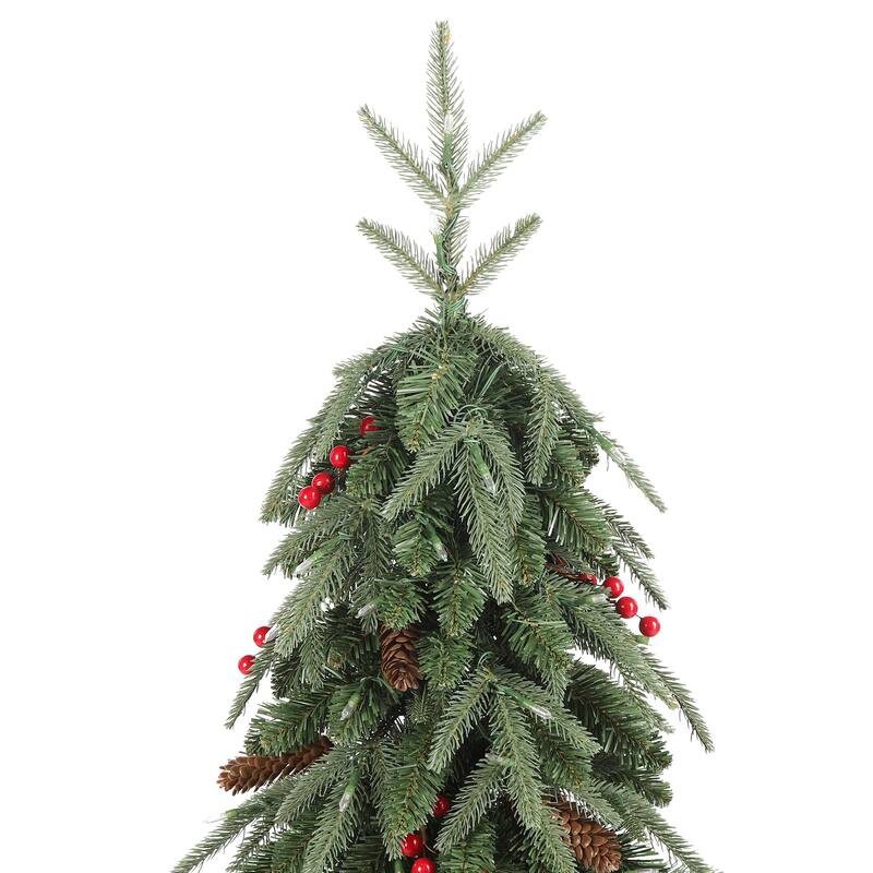 Glitzhome 4ft/6ft/7ft Pre-lit Green Artificial Christmas Porch Tree with Red Berries,Pinecones and 100 Warm White Lights