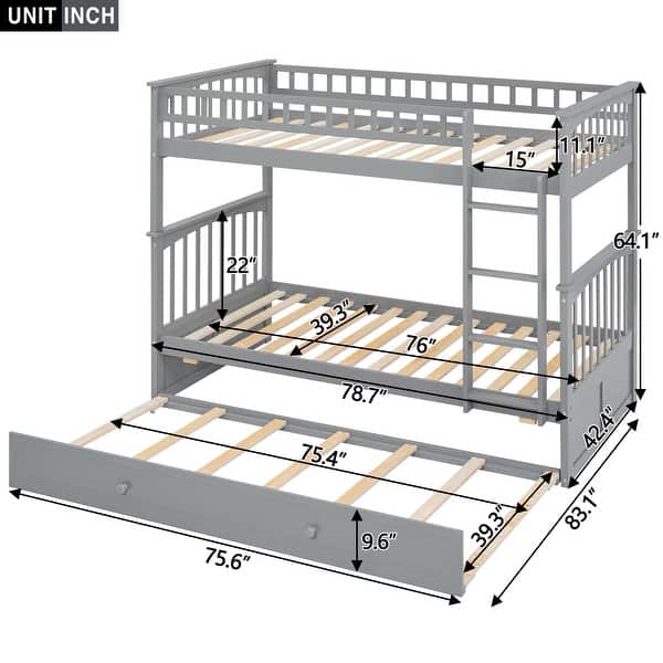 Twin Over Twin Wooden Bunk Bed with Twin Size Trundle & Safety Rail, Convertible to 2 Platform Bedframe for Kids Teens Bedroom