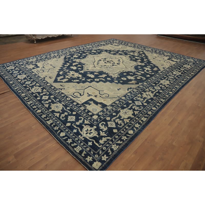 Blue Geometric Oushak Turkish Large Rug, Medallion Geometric Carpet - 14' 8'' X 12' 0''