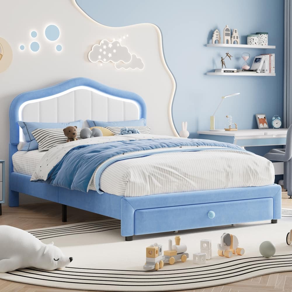 Upholstered Bed Frame with Storage Drawers, Adjustable Headboard