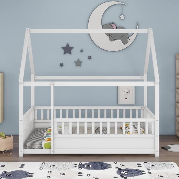 slide 2 of 9, Full Size Floor Bed Wooden House-shaped Bed Frame with Fence Guardrails & Roof, Full Size Montessori Bed for Kids Boys Girls White - Full