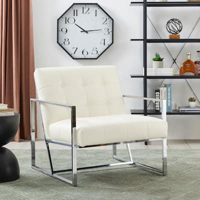 Glitzhome 30.50"H Cream Mid-Century PU Leather Tufted Accent Chair with Chrome Plated Frame