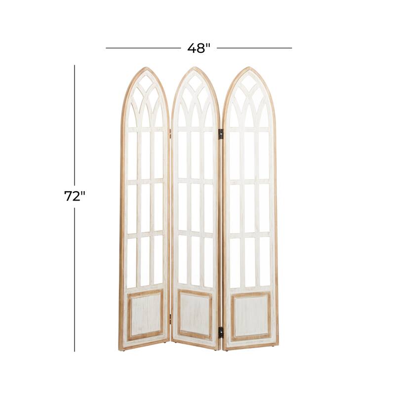 White Wood Hinged Foldable Arched Partition 3 Panel Partition Room Divider Screen with Window Pane Details