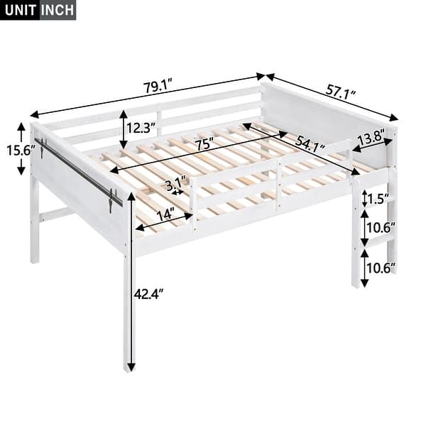 White Wood Full Size Loft Bed with Hanging Clothes Racks