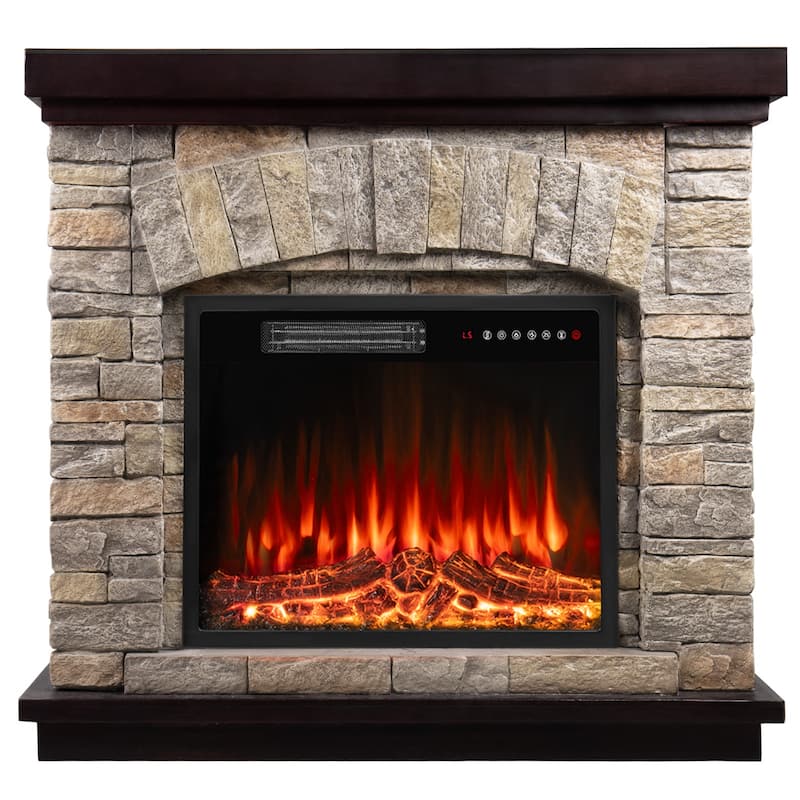 BOSSIN 36" /40" Electric Fireplace with Mantel, 23 inch Electric Fireplace Insert, TV Stand Freestanding Heater Flame Faux Stone - 40INCH - Grey