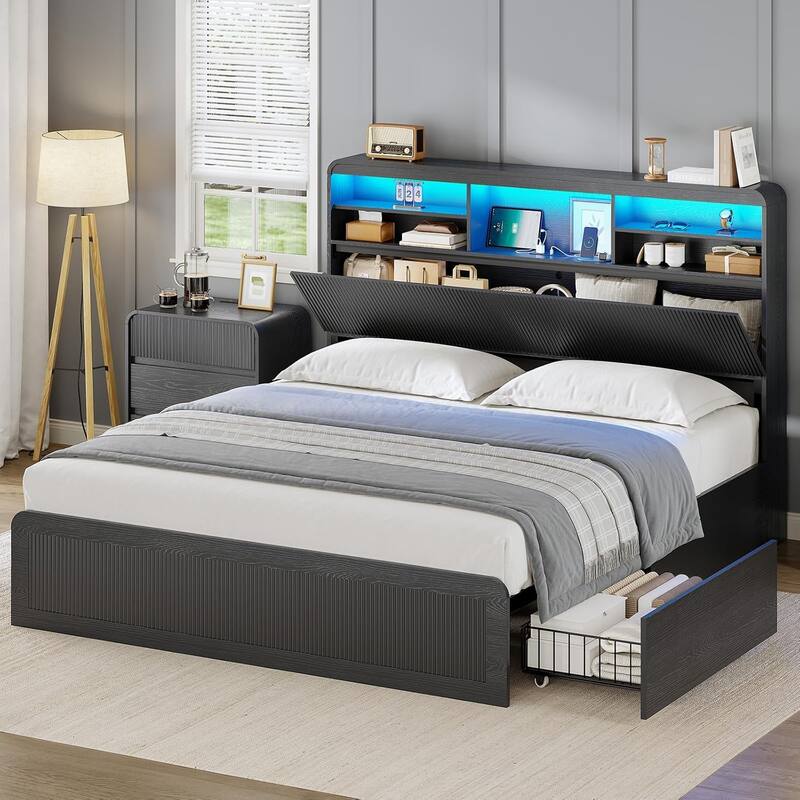 Bed Frame with 4 Storage Drawers and Hidden Storage Headboard Charging Station - Black - Full