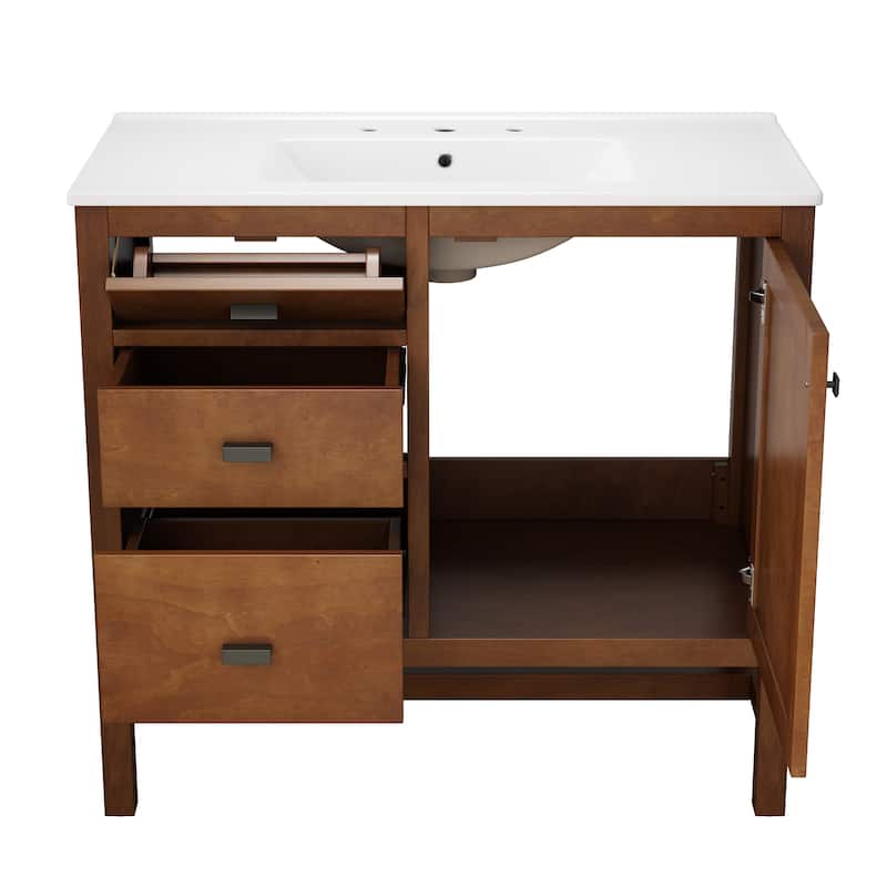 Christopher Knight Home - Modern 36" Freestanding Bathroom Vanity with Ceramic Sink, Dual Drawers, Flip-Up Storage - 36"W