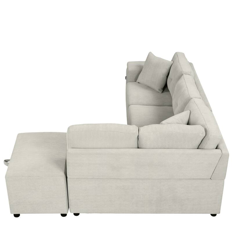 Convertible Sectional Sofa Bed with Ottoman, Chenille L-Shaped Pull Out Couch with Drawer 2 USB Ports & 2 Cup Holders