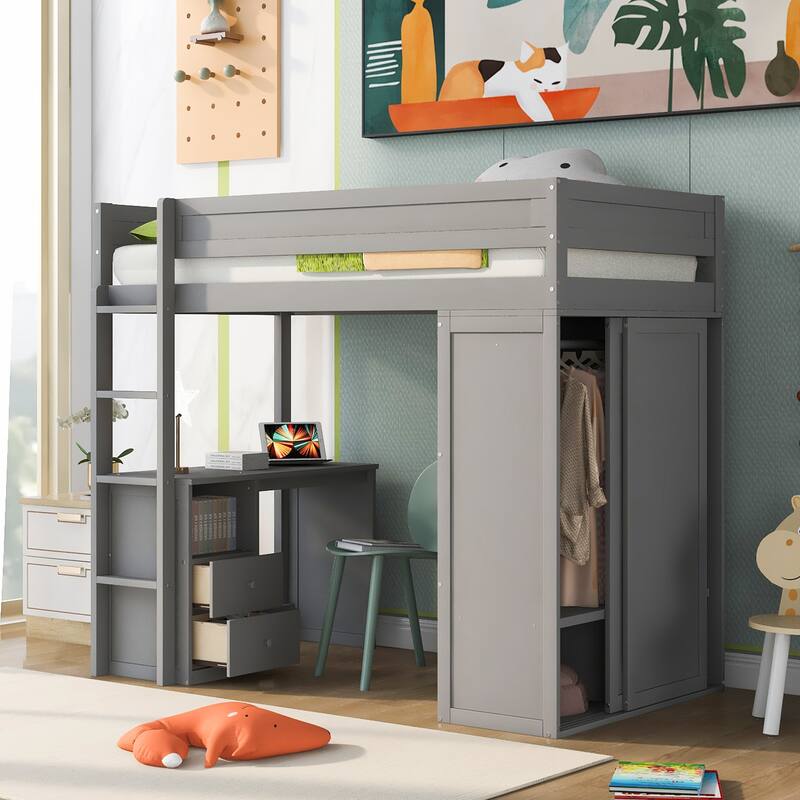 Gray Twin Loft Bed with Wardrobe, Desk & Storage - Space Saving Furniture - Gray