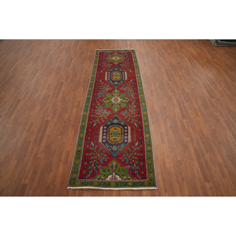 Hand Knotted Oriental 100% Wool Carpet Traditional Floral Red Tabriz Runner Rug - 11' 4'' X 3' 5''