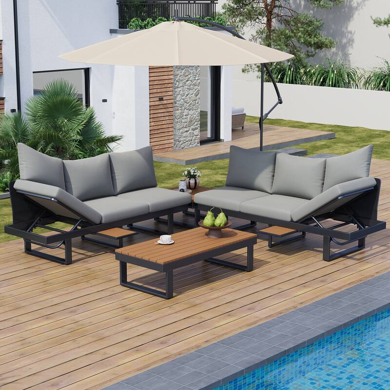Outdoor Patio Conversation Sofa Set L-shape Sectional Sofa Set with Adjustable Reclining Seats, Coffee Table, Side Table