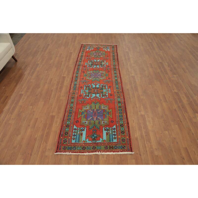 Hand Knotted Oriental 100% Wool Carpet Traditional Geometric Oranges & Rust Heriz Runner Rug - 9' 10'' X 3' 1''