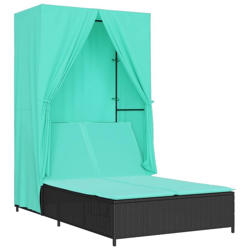 vidaXL Double Sun Lounger with Roof and Curtains Poly Rattan Brown/Gray/Black - 40.9" x 77.6" x 76"