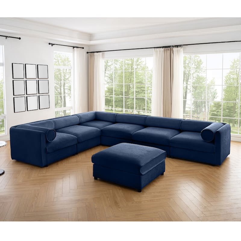Modern 7-Piece Modular Sofa with Storage Armrests 6 Seats & 1 Storage Ottoman - Blue