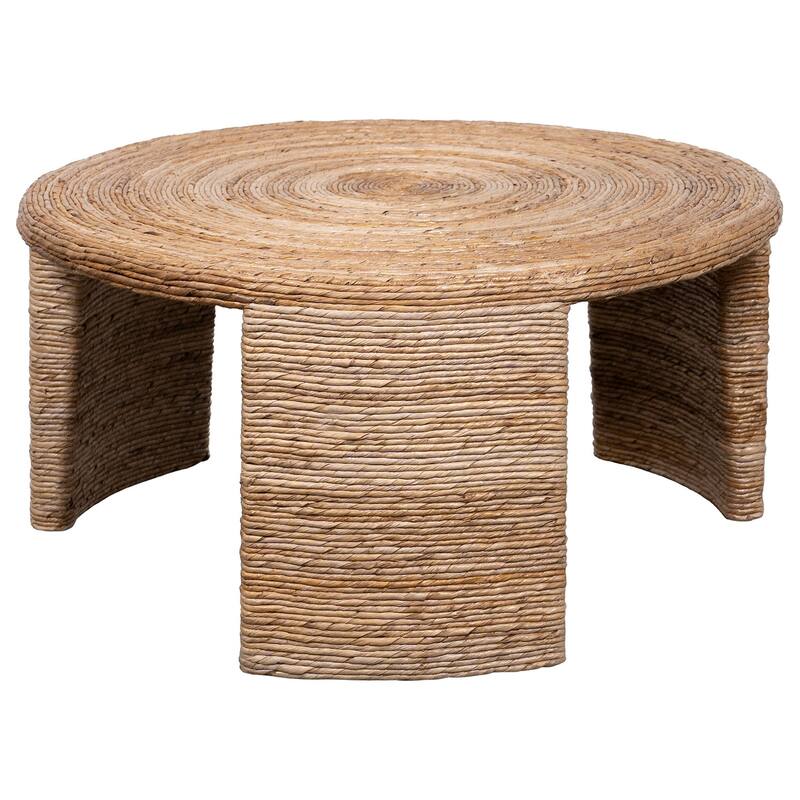 Asha 36 Inch Coffee Table, Round Shaped Top with Natural Rattan Wrapping