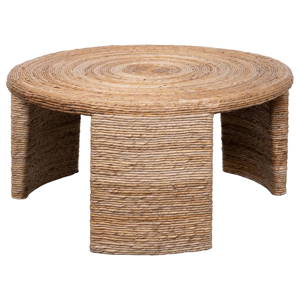 Asha 36 Inch Coffee Table, Round Shaped Top with Natural Rattan Wrapping