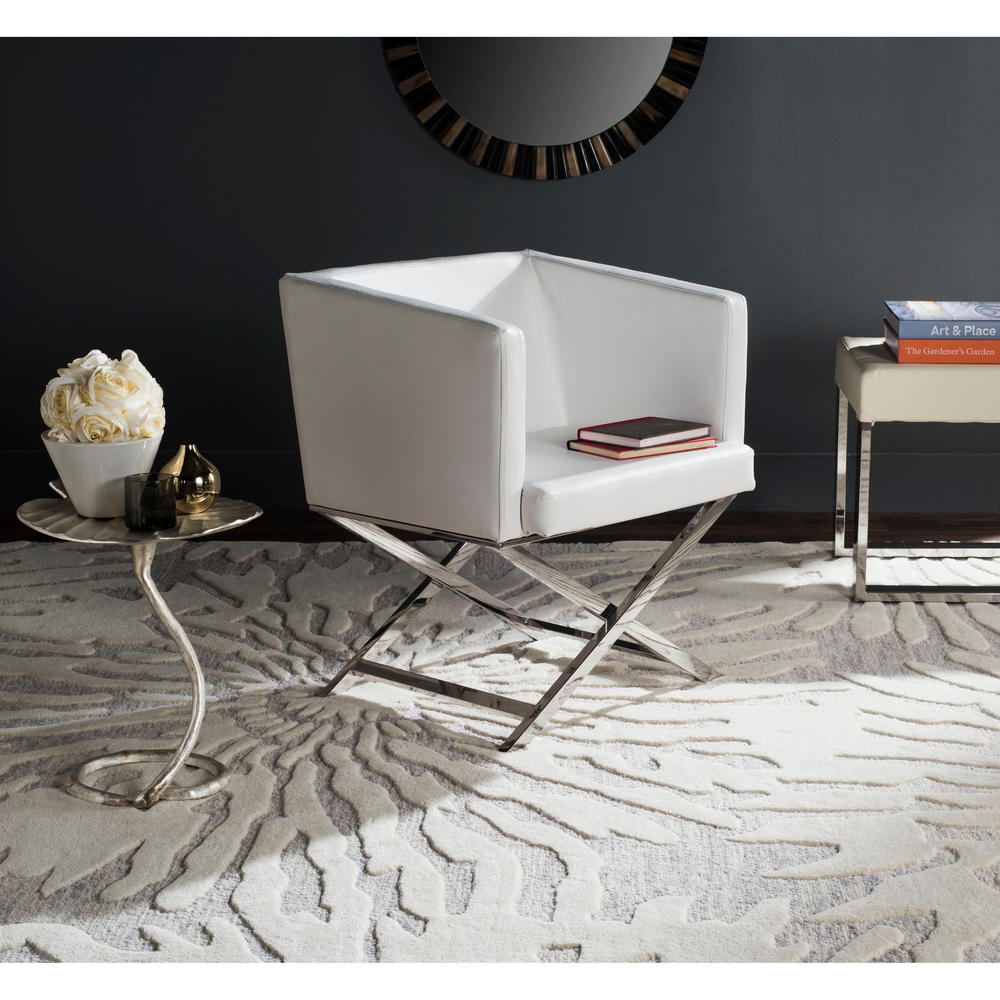 Safavieh Celine Bonded Leather Chrome Cross Leg Chair White