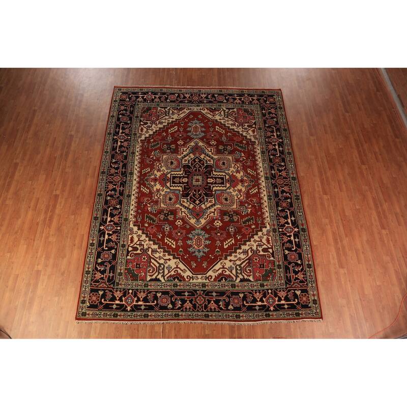 Geometric Heriz Serapi Indian Area Rug Hand-Knotted Wool Carpet - 8'11"x 11'7"
