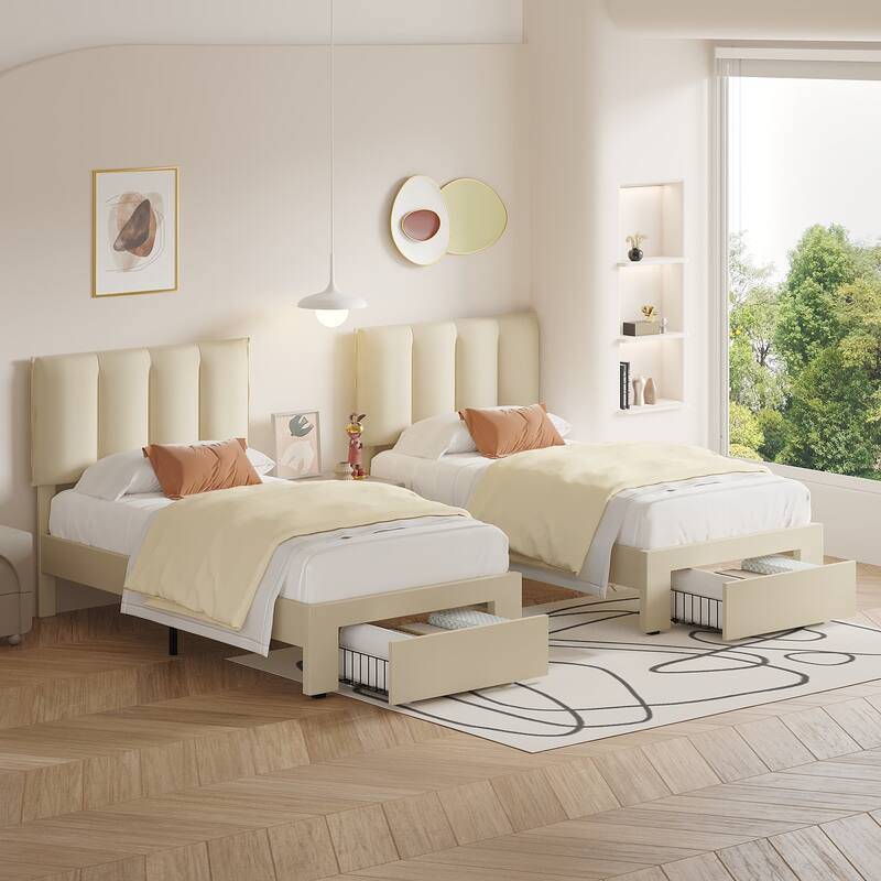 VECELO Set of 2 Kids Bed Frame with Storage Drawer Height Adjustable Upholstered Bed Twin Size Bed - Beige