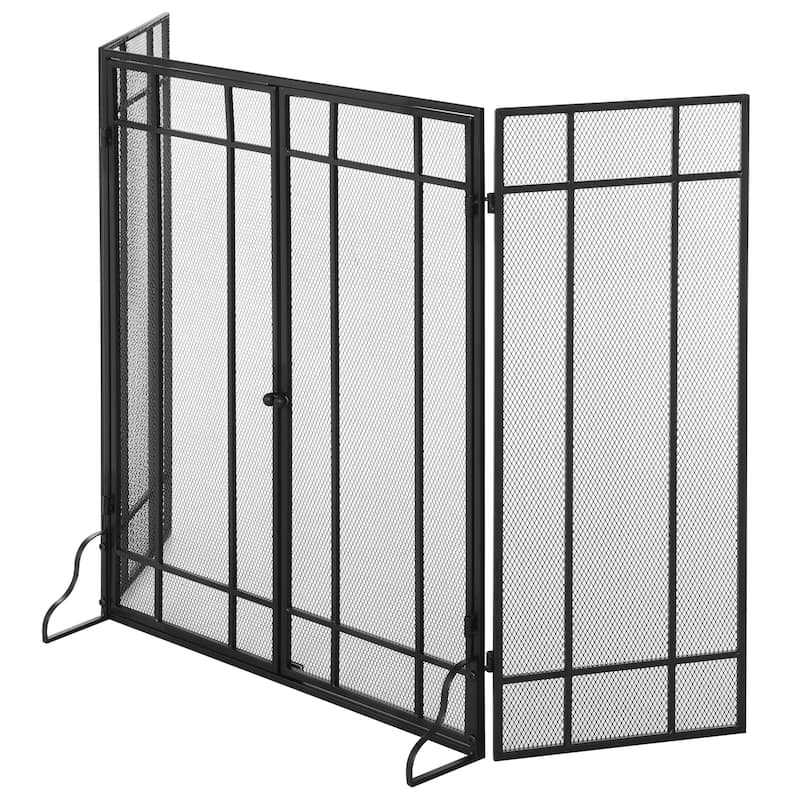 HOMCOM 3-Panel Metal Mesh Screen Fireplace with Foldable Steel Spark Guard and Magnetic Doors, Black