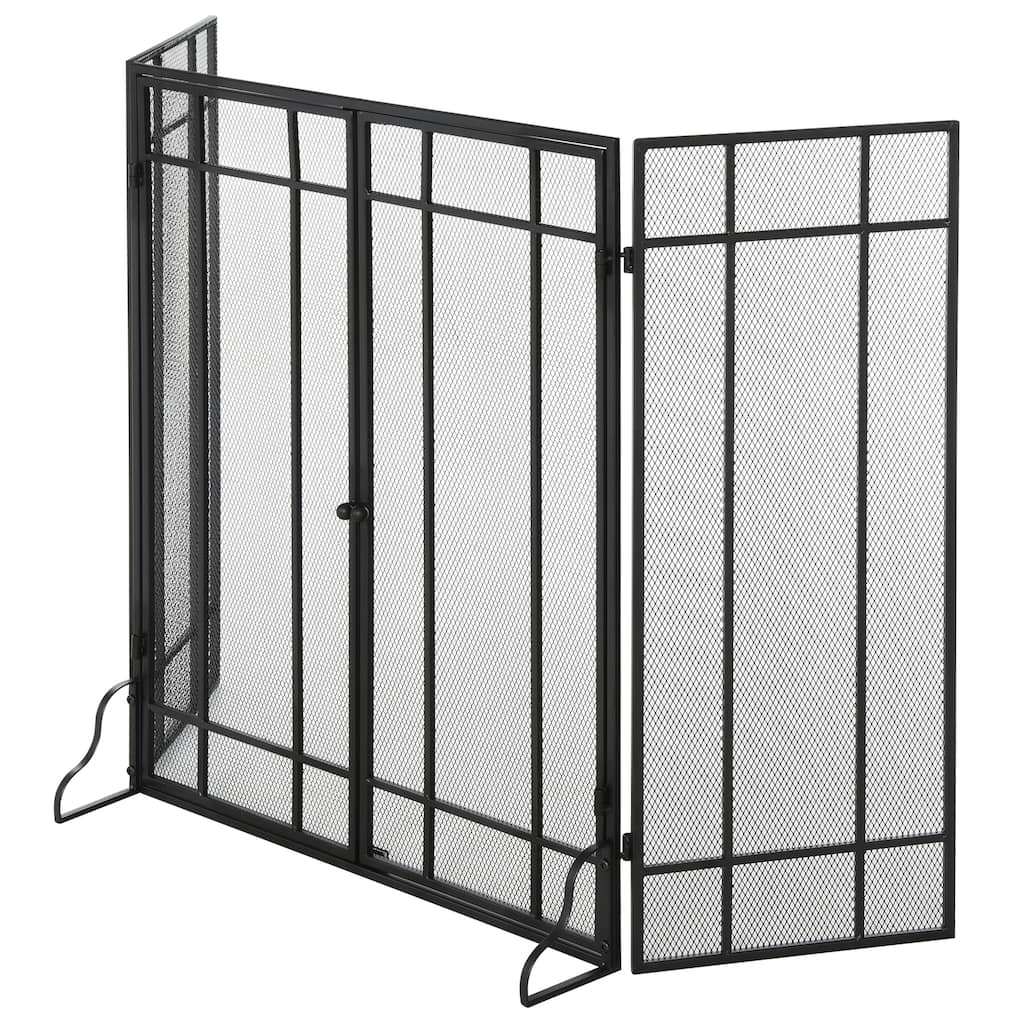 HOMCOM 3-Panel Metal Mesh Screen Fireplace with Foldable Steel Spark Guard and Magnetic Doors, Black
