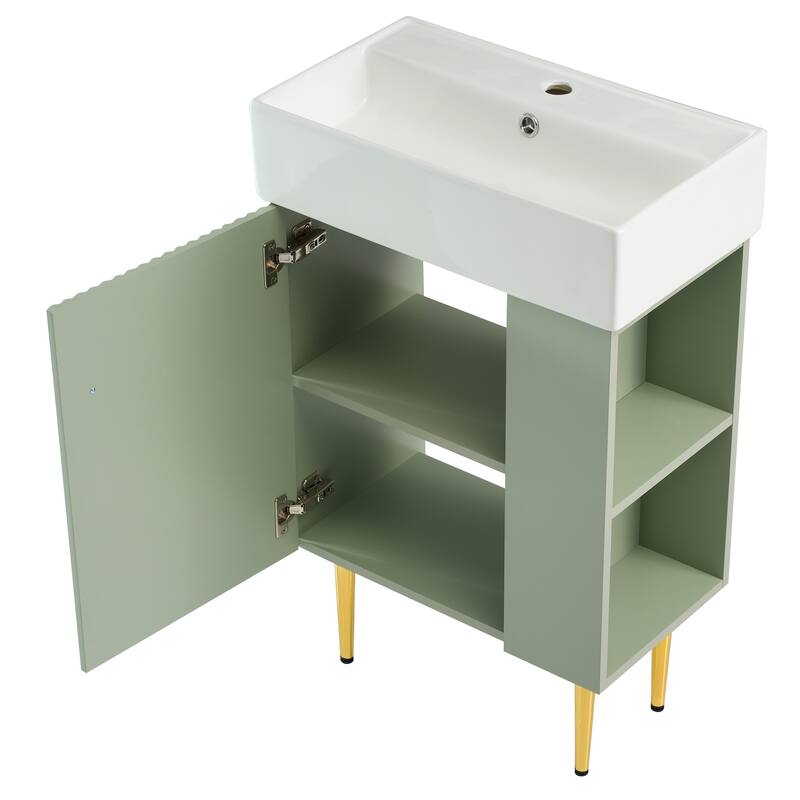 21.6-Inch Green Bathroom Vanity with Ceramic Undermount Sink, Soft-Close Door, and Side Storage Cabinet - 12.2in L Ceramic+MDF