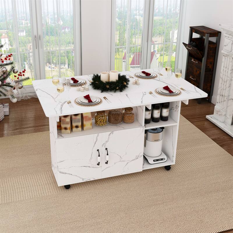 Multi-Functional Folding Table Kitchen Island with Storage Shelves and Wheels