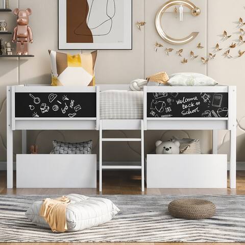 Twin Size Low Loft Bed with Decorative Chalkboard and 2 Drawers