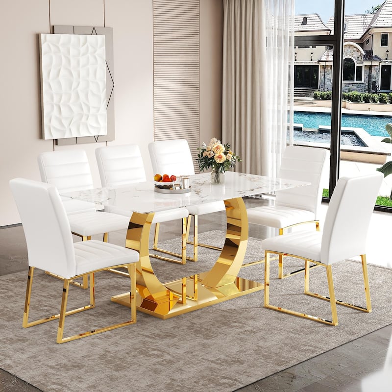 5-Piece Modern Tempered Glass Dining Table Set, 63-Inch Dining Table with 4 Minimalist Style Chairs - Golden,White