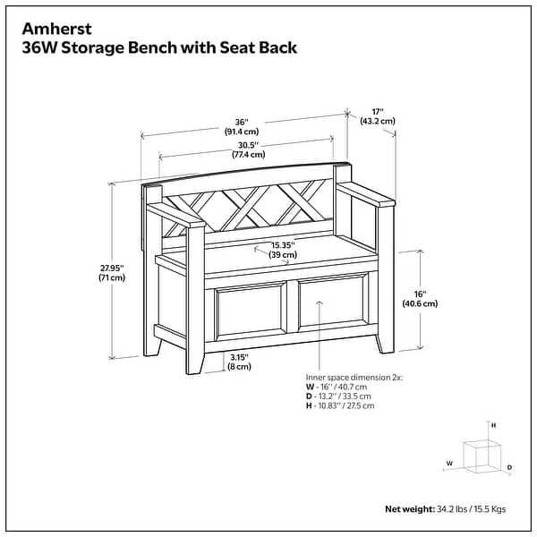 dimension image slide 0 of 3, WYNDENHALL Halifax SOLID WOOD 36 inch Wide Transitional Small Entryway Storage Bench -  17"D x 36" W x 27.8"H