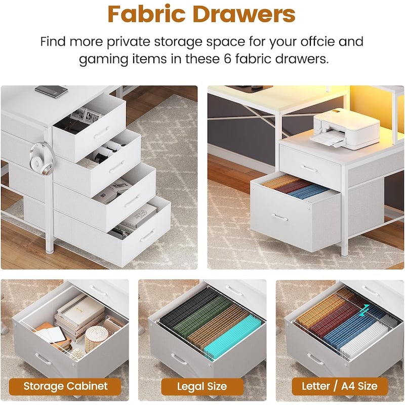 L Shaped Home Office Desk with 6 Drawer File Drawer Power Outlet