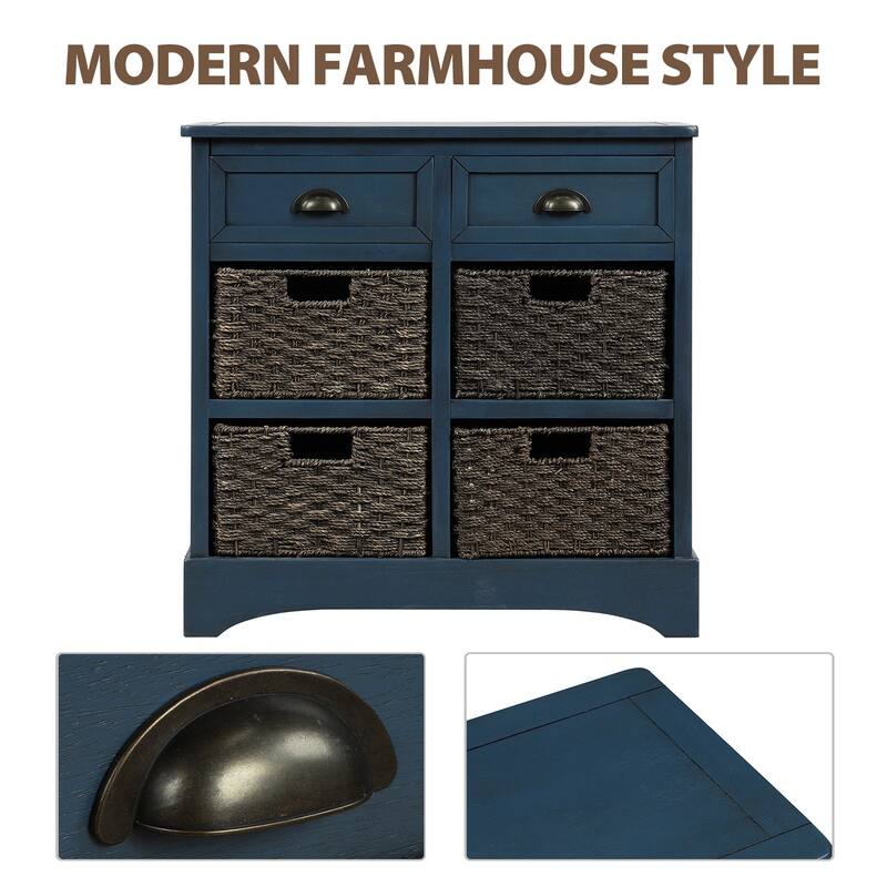 Blue Rustic Storage Cabinet with Drawers and Rattan Baskets - 11.80 x 28.00 x 28.00