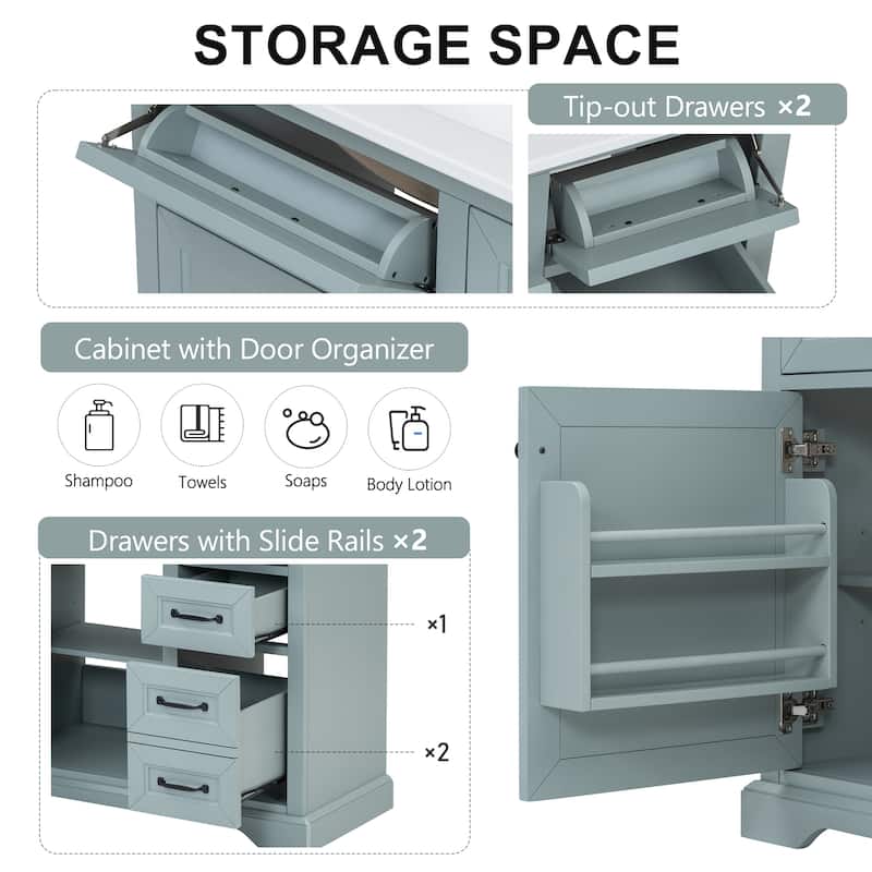 36 Inch Freestanding Bathroom Vanity with Ceramic Sink, Tip-Out & Storage Drawers, Soft Close Door Hinges