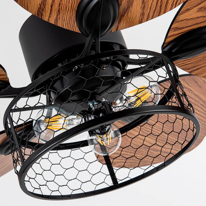 52" Farmhouse Style Wood Walnut Ceiling Fan With Lights and Remote Control, Dimmable LED Optional