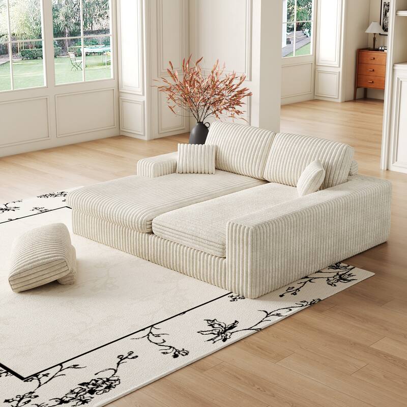 Roomfitters 114.5" Stylish Corduroy Modular Recliner Sofa, Convertible L-Shaped Couch with Neck Pillows & Throw Pillows